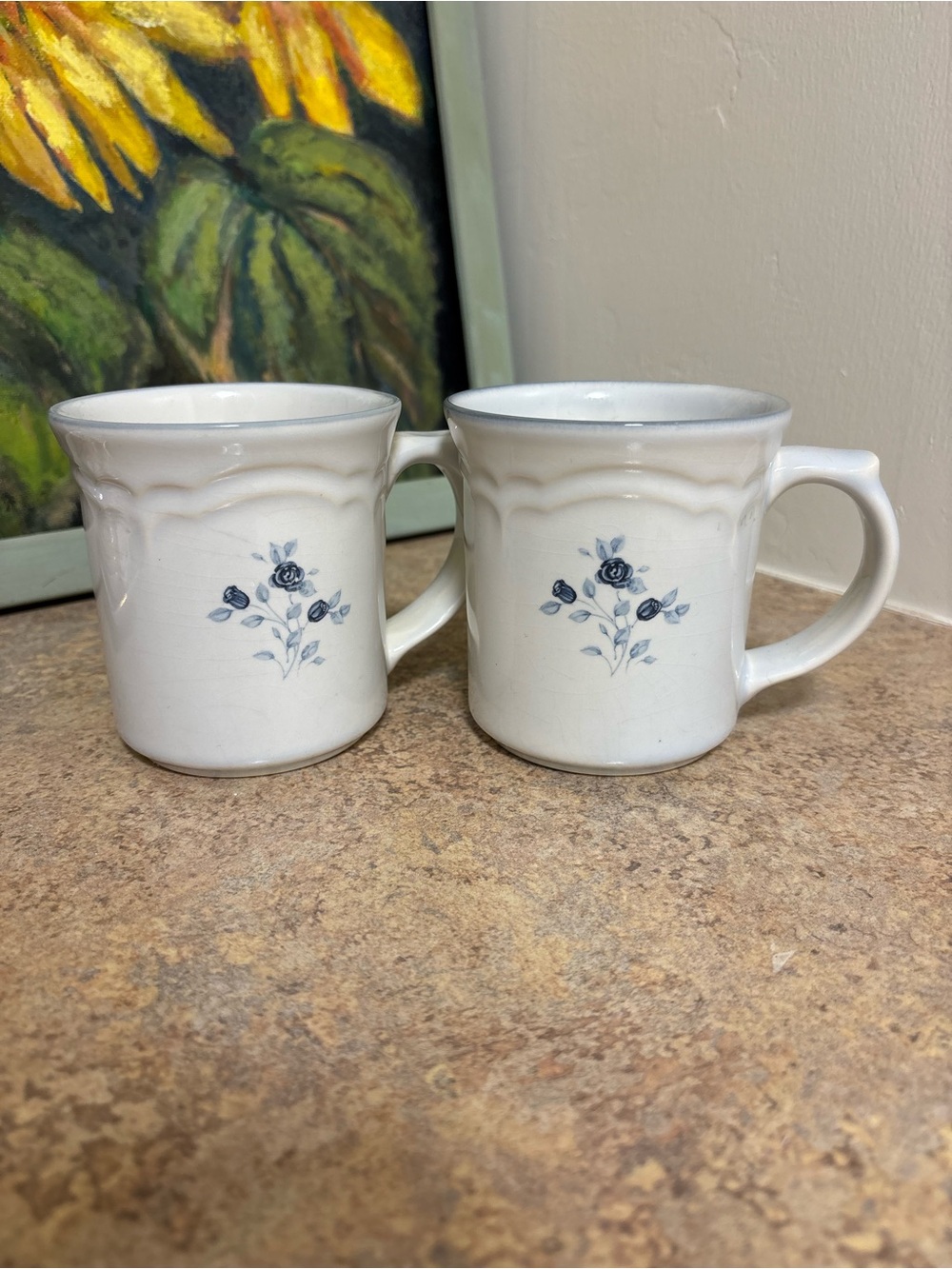 Pfaltzgraff Poetry White Mugs with Blue Rose Motif - Pair